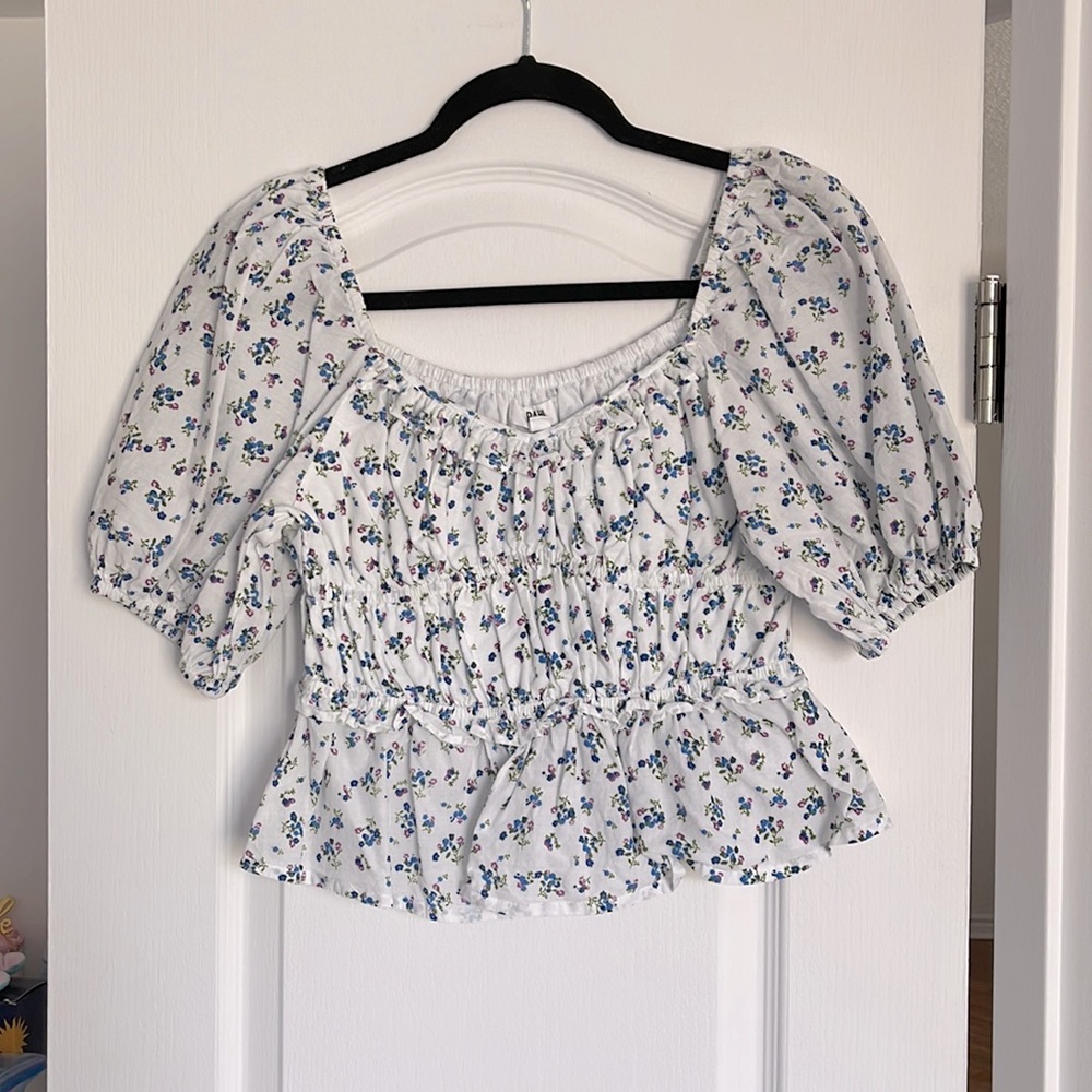 White Top with Blue and Purple Flower Pattern
